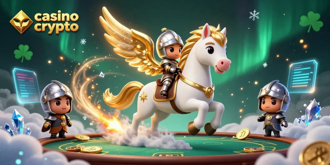 Illustration dynamique de casino crypto avec cheval céleste et éléments de jeu.