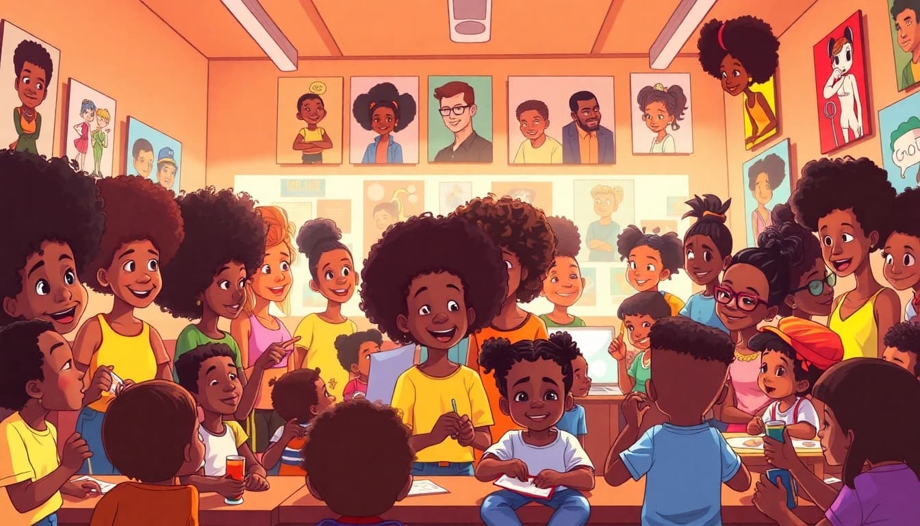 A scene featuring children engaging with iconic African American cartoons, promoting diversity and joy in a community center.