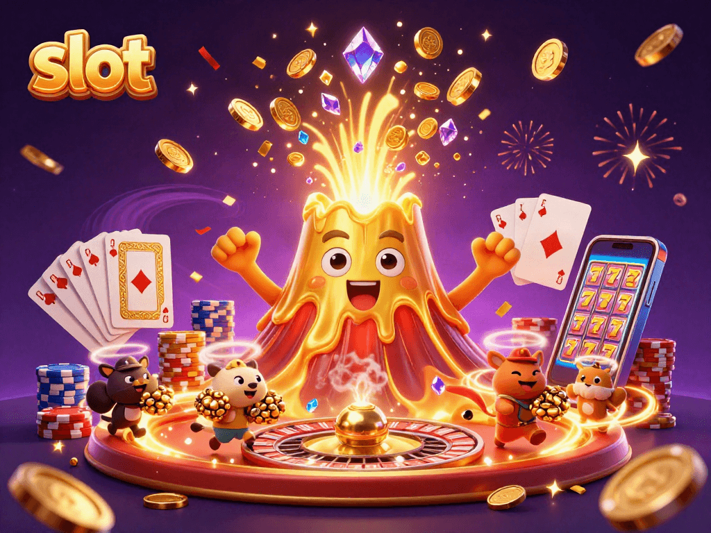 Win big on slot games with 3D cartoon illustration of treasures, volcano, and celebration elements.