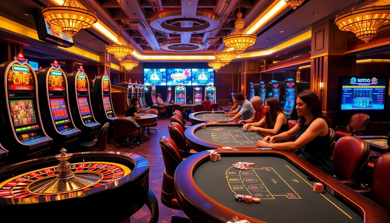 SODO casino featuring vibrant slot machines and excited players at poker tables under golden lighting