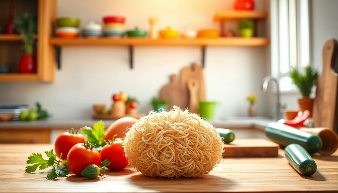 Clean kitchen loofah scrubber surrounded by fresh vegetables on a wooden countertop.