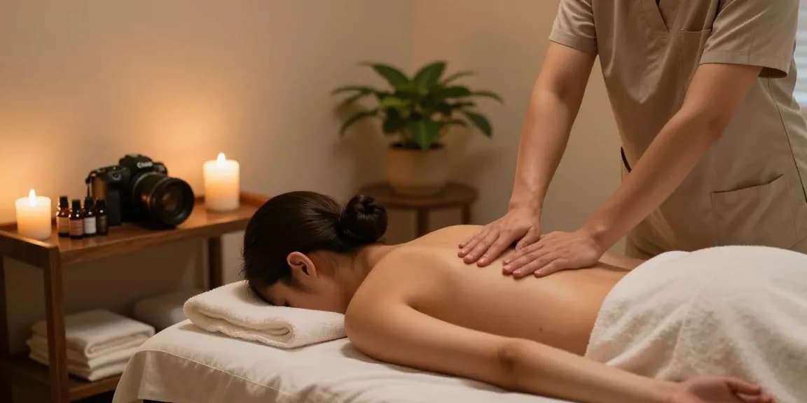 1인샵에서 편안한 마사지 환경을 제공하는 모습으로 아늑한 실내와 치료사가 마사지하는 장면