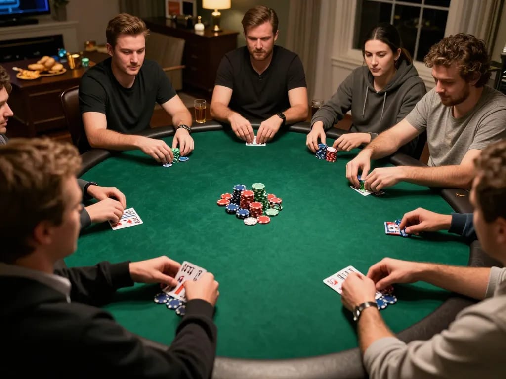 W188 players stacking chips during a friendly home poker night with rich ambiance