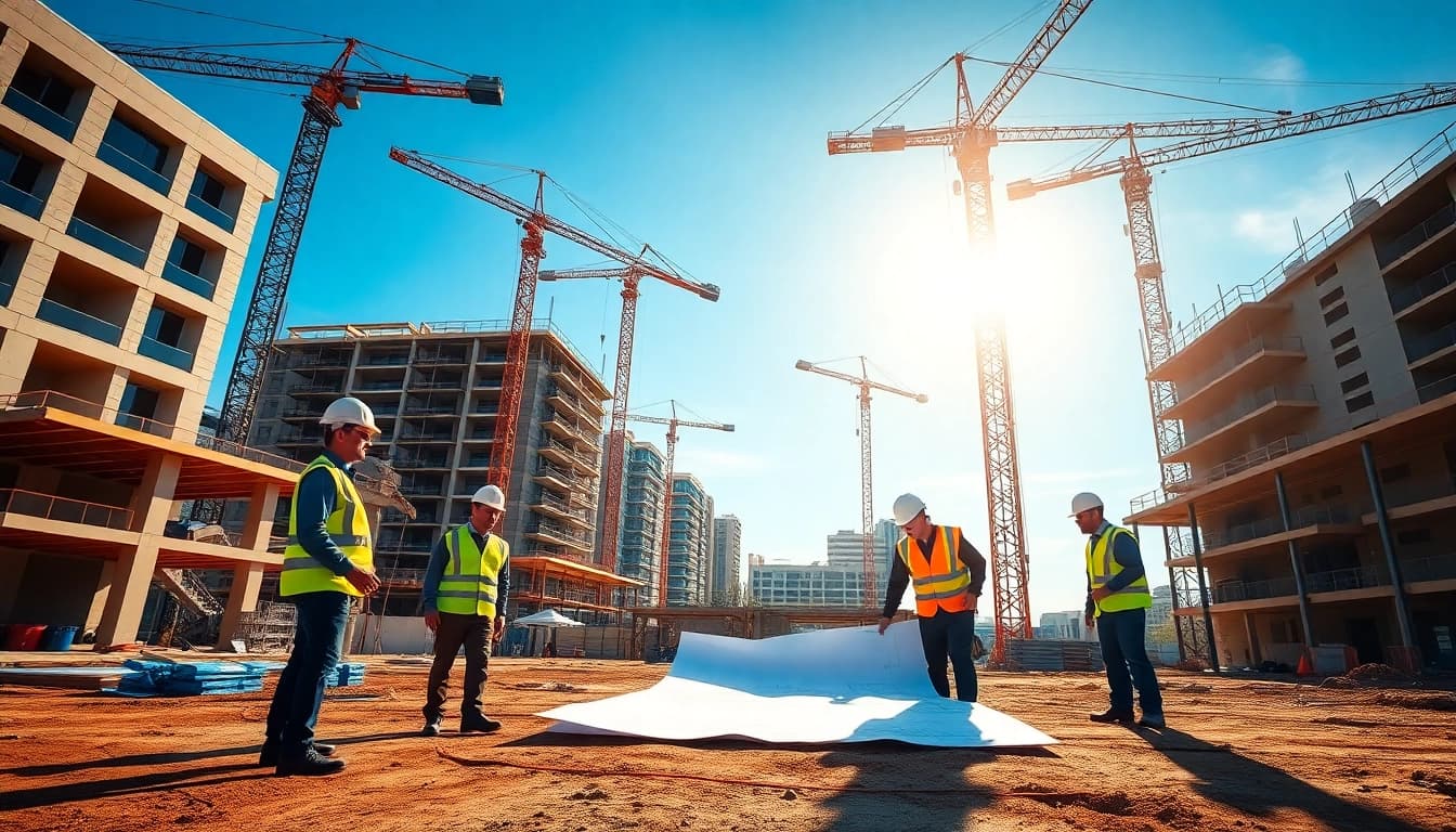 Austin construction workers collaborating on-site amid cranes and new buildings.
