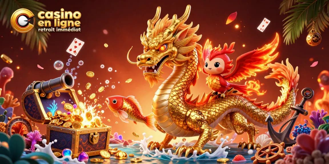 Profitez des gains rapides avec casino en ligne retrait immédiat, illustré par un dragon chinois doré, un phoenix et un koï.