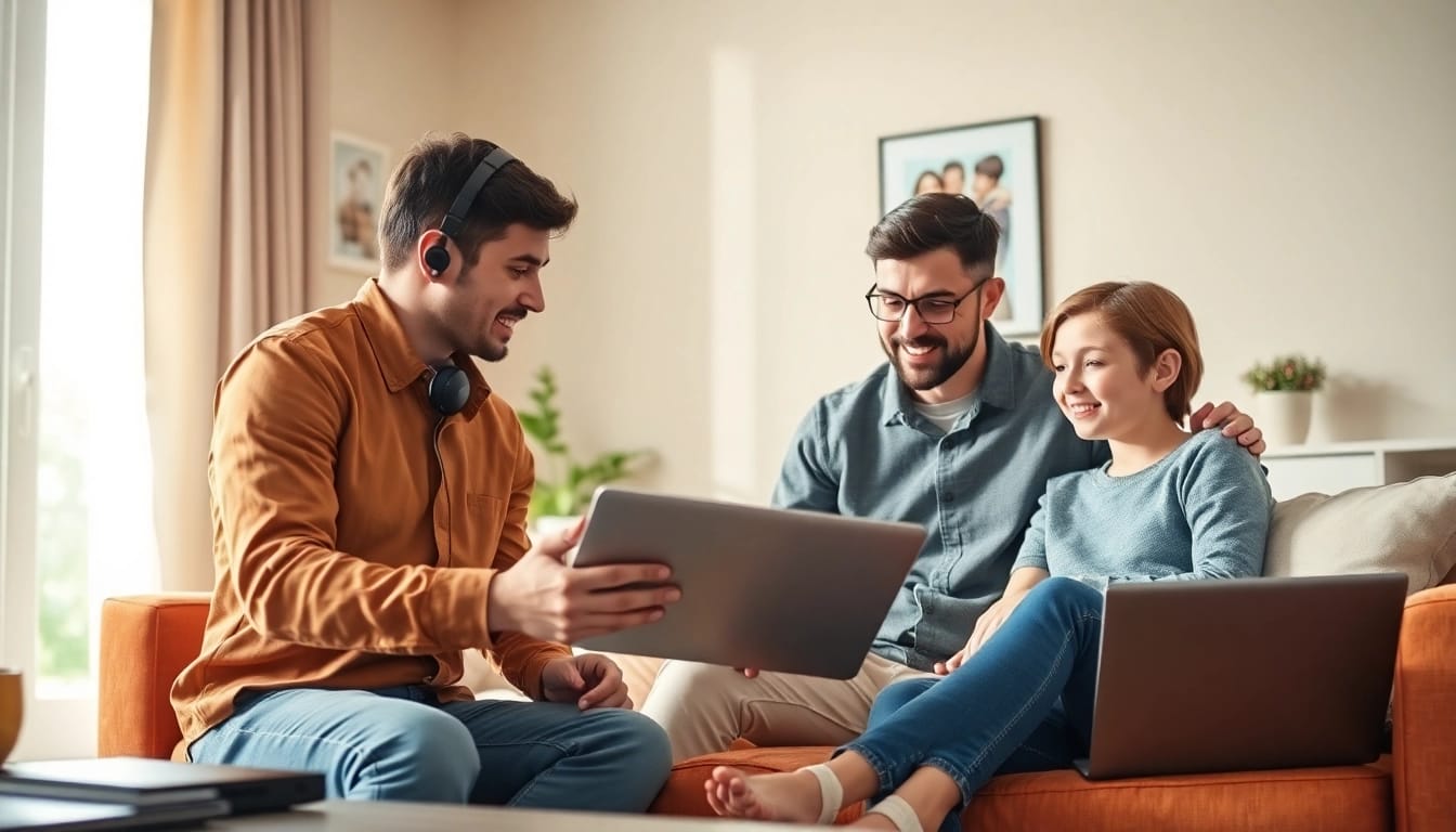 Providing residential IT support to a family at home with a laptop in a cozy living room.
