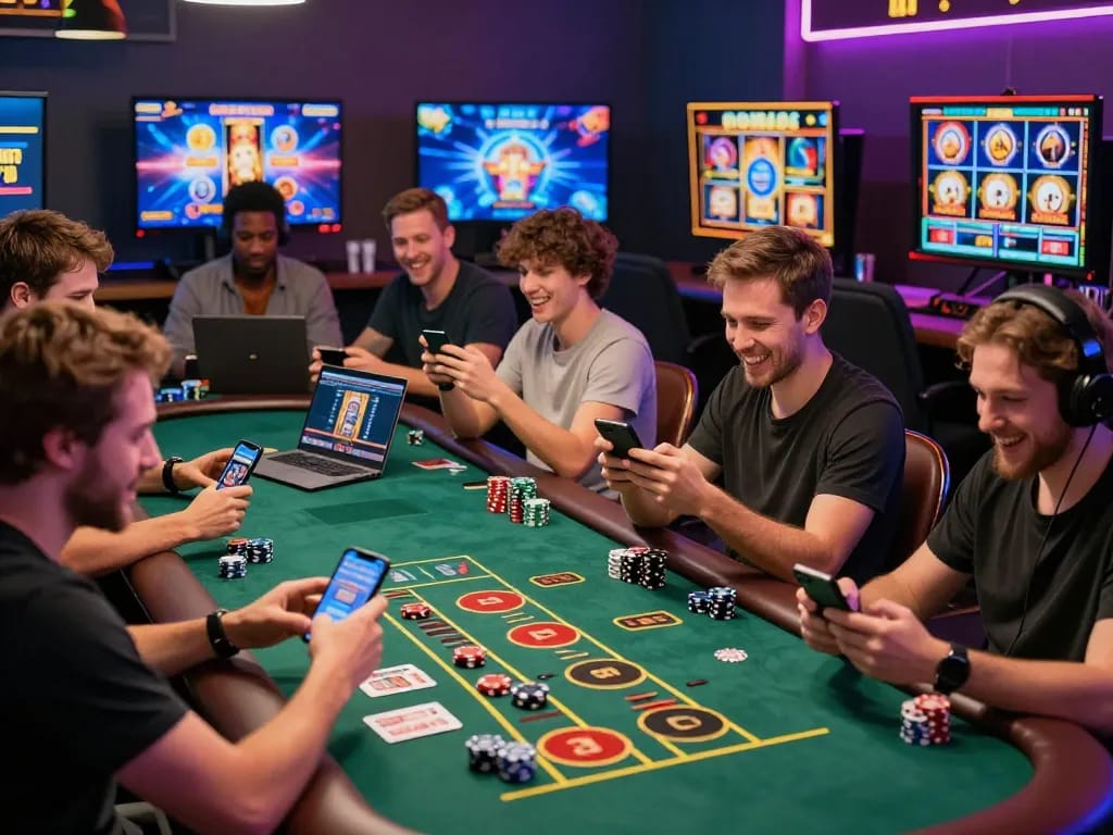 Excited players enjoying Go88's diverse gaming offerings, showcasing a vibrant online gambling atmosphere.