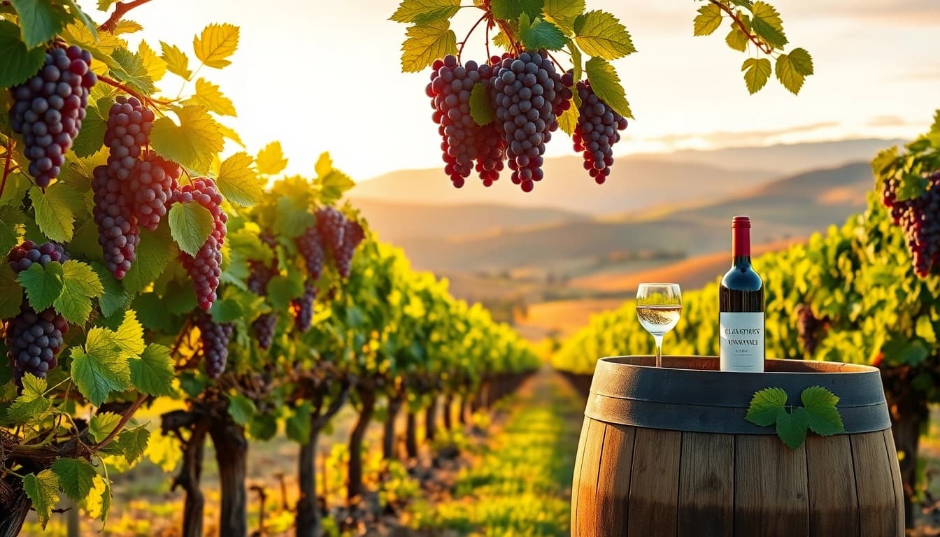 Visit Clarksburg wineries surrounded by lush vineyards at sunset with wine glasses and a barrel.