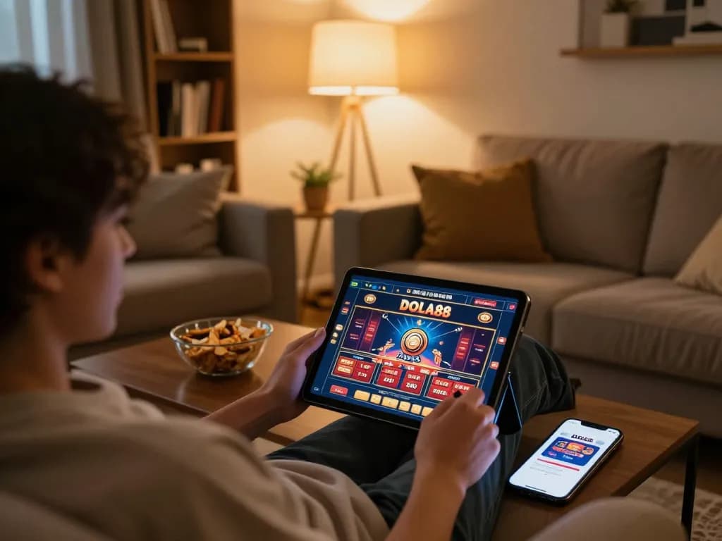 DOLA88 user enjoying online gaming experience on tablet in cozy home environment.