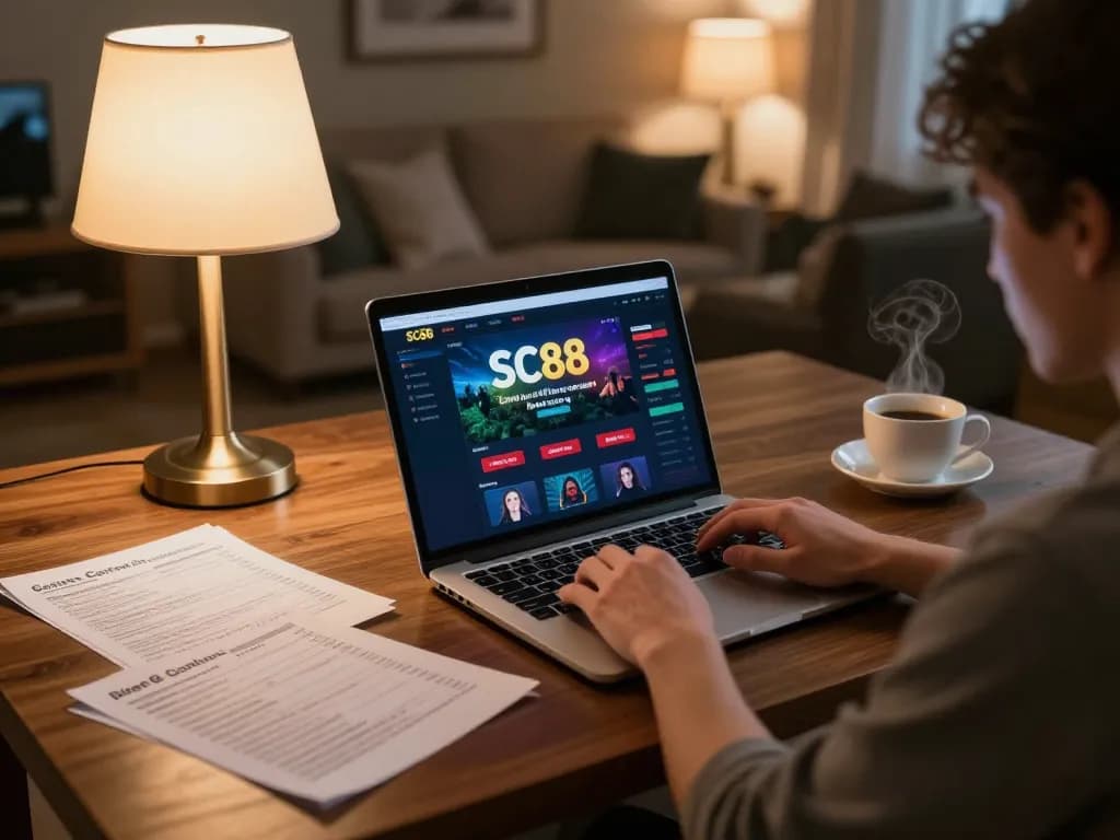 Engaging in strategic online gaming with SC88 on a laptop in a cozy home setting