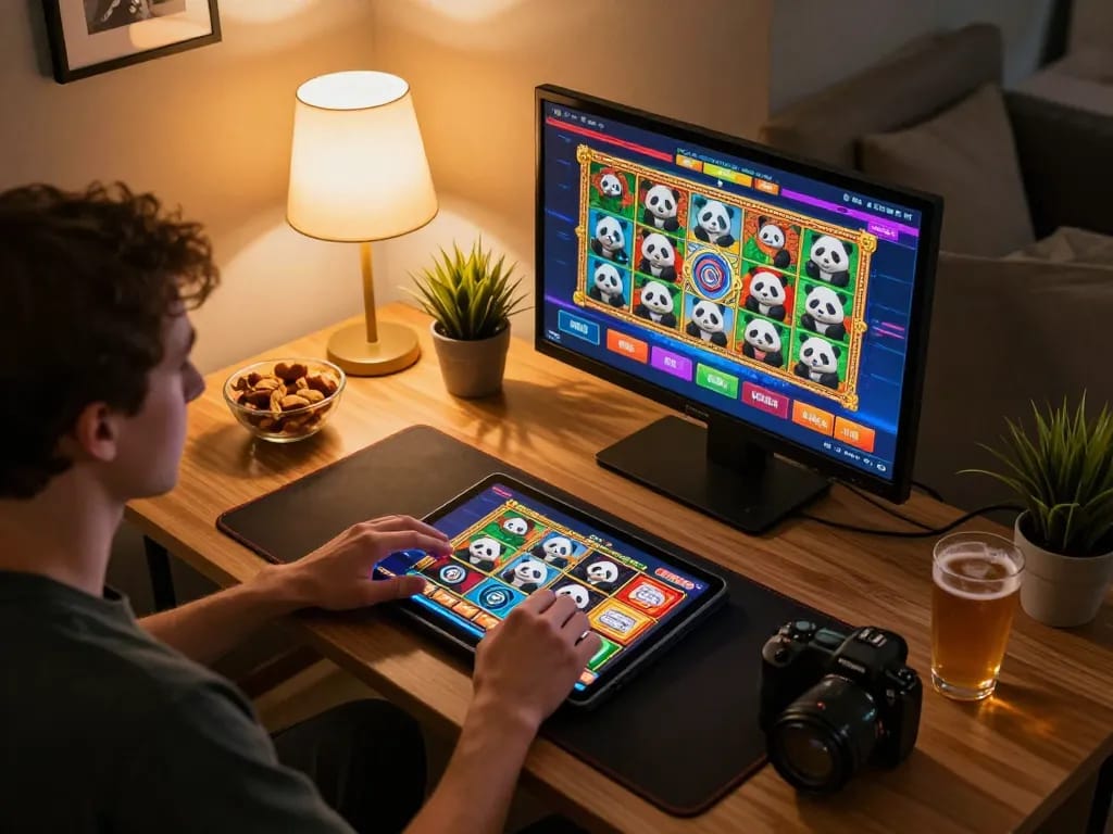 Panda casino player engaging with vibrant slots game at home, warm atmosphere