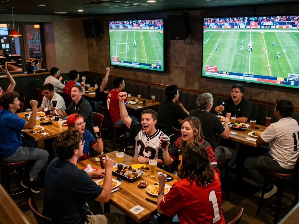Cakhiatv viewers celebrating during live football betting at a sports bar with screens showing exciting matches