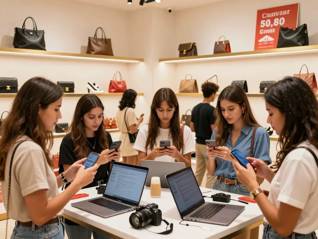 Customers exploring luxury replica items at a modern 레플리카 사이트, capturing vibrant shopping excitement.