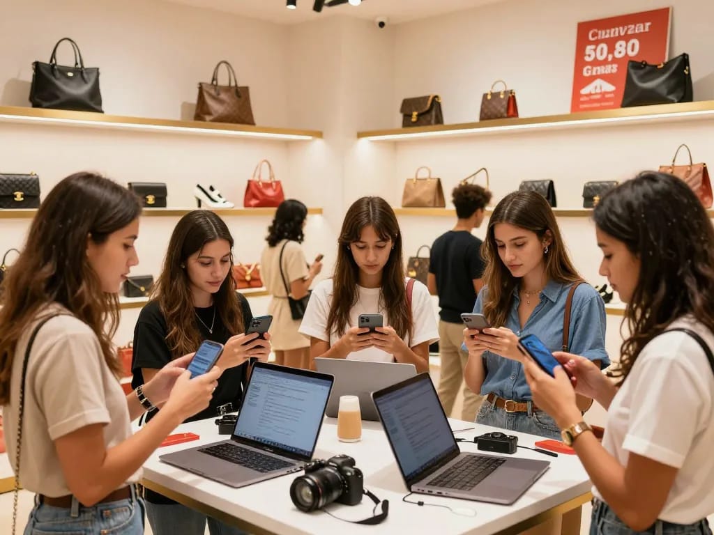 Customers exploring luxury replica items at a modern 레플리카 사이트, capturing vibrant shopping excitement.