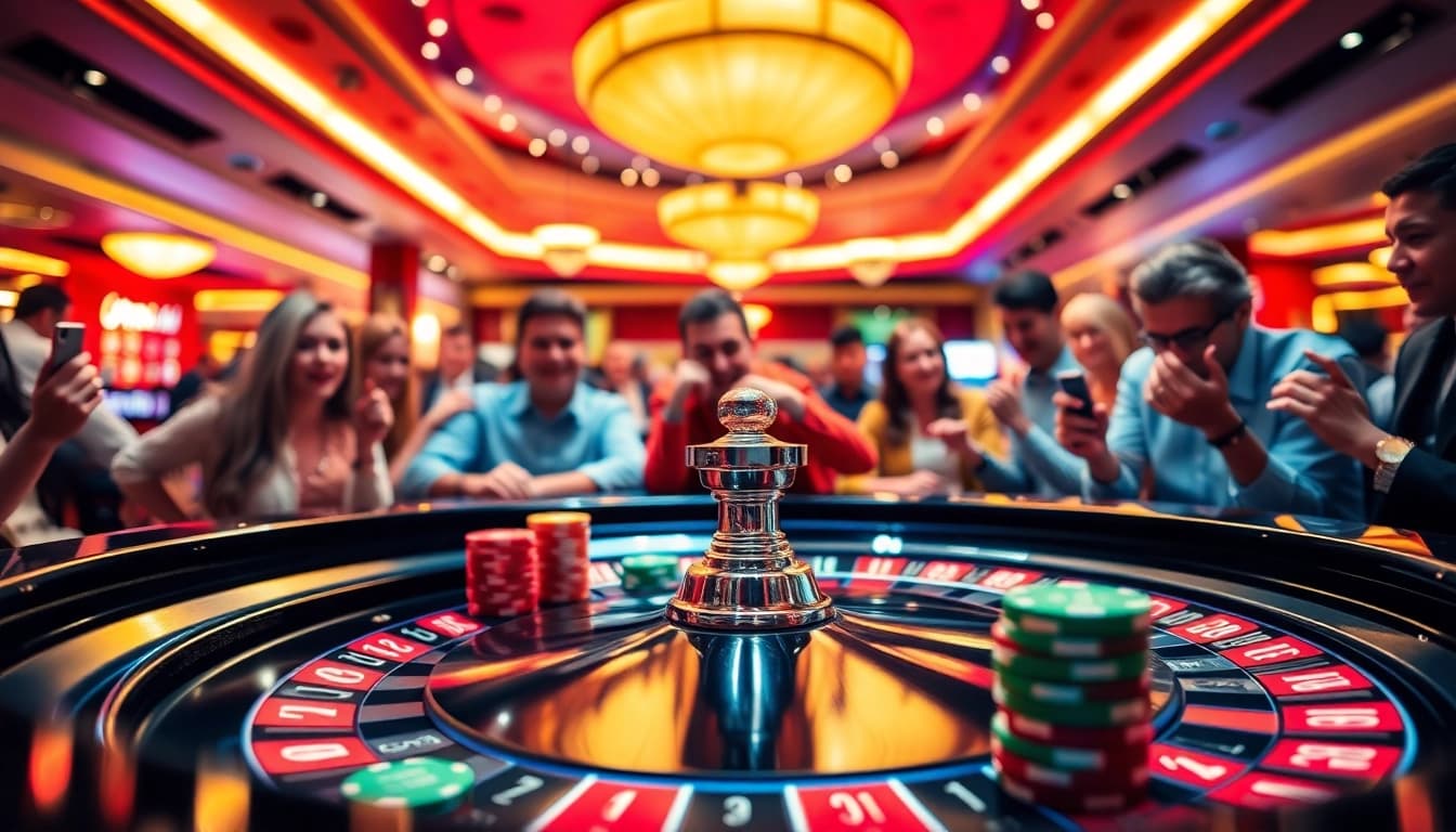 Menampilkan suasana kasino yang ramai di taiwannow.org/tw/about dengan pemain bersemangat di meja roulette