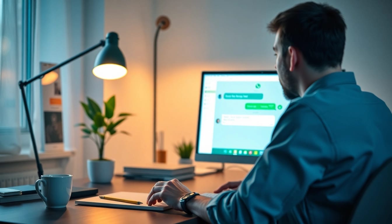 在舒适的家庭办公室中,通过 WhatsApp Web 发送语音消息的用户。