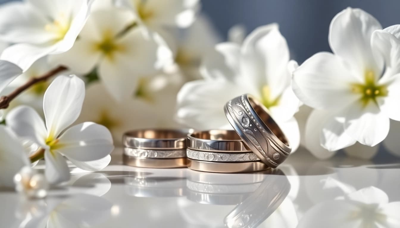 Showcase of tungsten wedding bands with intricate designs on a smooth surface.