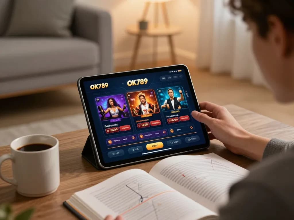 Engaging in online casino gameplay on OK789 app with cozy home ambiance and strategic notes.