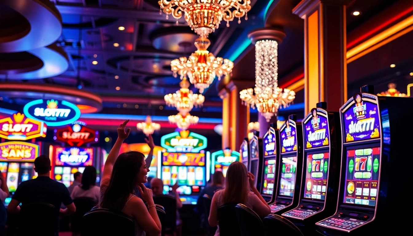 Menang besar dengan slot777 di mesin slot yang bercahaya dan ramai.
