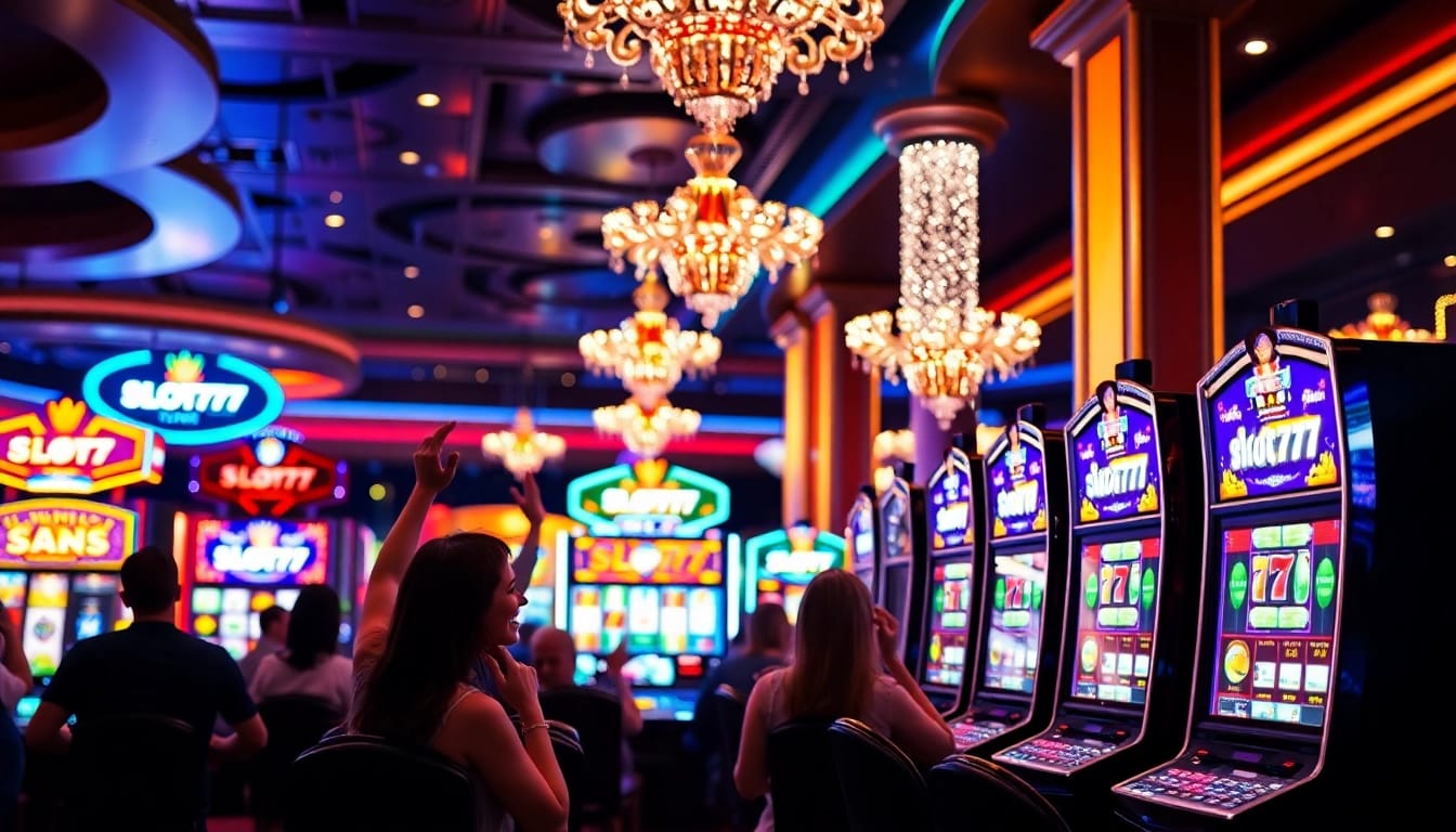 Menang besar dengan slot777 di mesin slot yang bercahaya dan ramai.