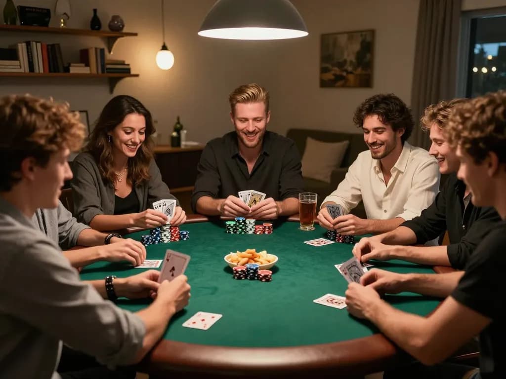 Friends playing poker passionately at home with xx88, sharing drinks and laughter.
