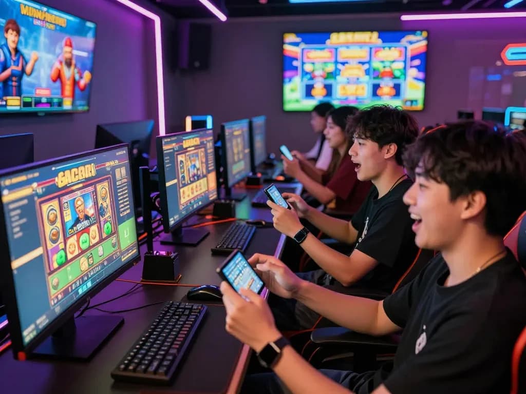 Players enjoying exciting slot gacor games in a vibrant online gaming lounge, showcasing an engaging atmosphere with neon lights and dynamic screens.