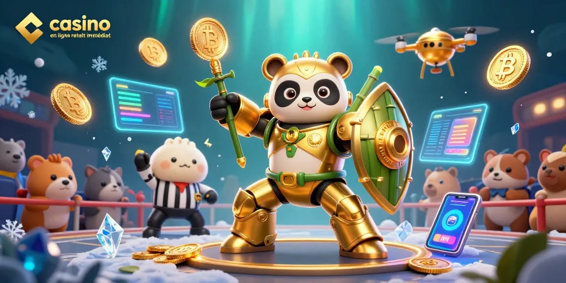 Vivez l'excitation des casinos en ligne à retrait immédiat avec une illustration 3D dynamique de robots et de crypto-monnaies.