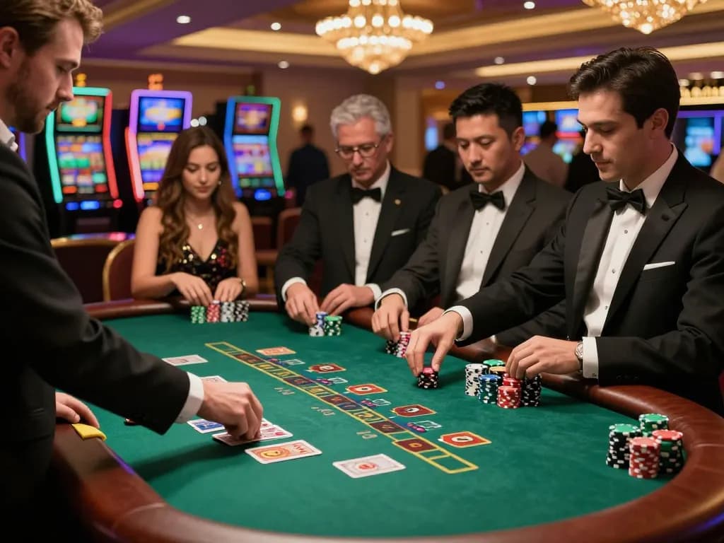 Players engaging in a high-stakes blackjack game at MM88 casino, showcasing intense focus and vibrant chips.