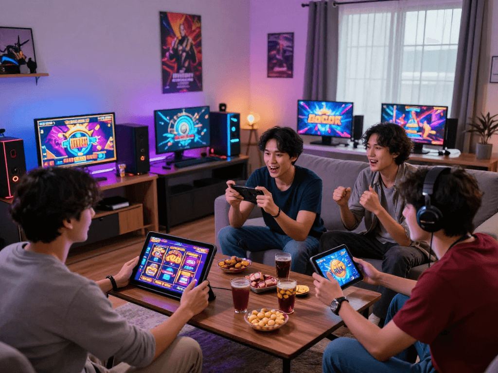 Pengguna bermain slot gacor dalam suasana gaming modern dengan berbagai perangkat dan semangat tinggi.
