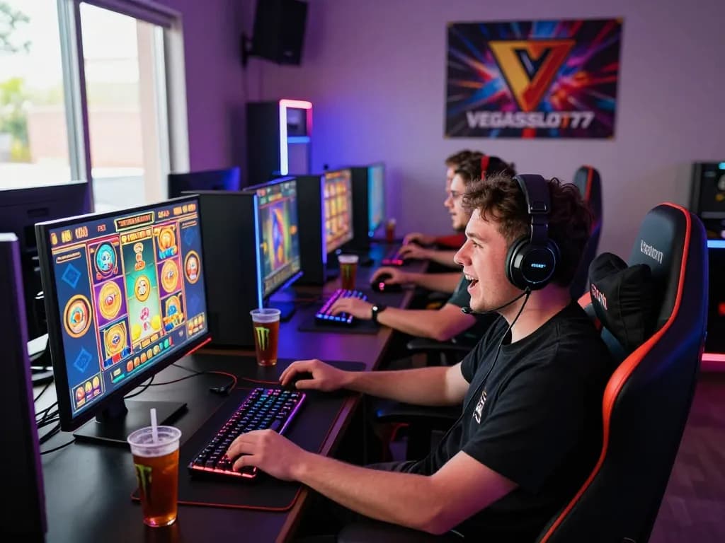 Players immersed in the thrilling online gaming experience on VEGASSLOT77, surrounded by vibrant interfaces and gaming gear.