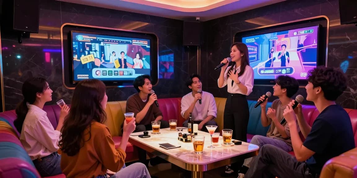 강남가라오케의 화려한 룸에서 친구들과 함께 즐거운 시간을 보내는 모습