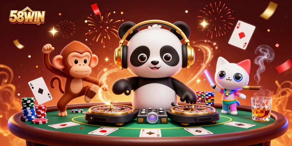 Experience 58WIN excitement with a DJ panda spinning roulette wheels and energetic casino elements.
