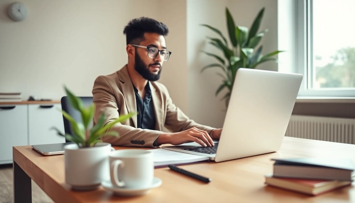 Engaging in Cover Letter Generation at a desk with a laptop and a cover letter template displayed.
