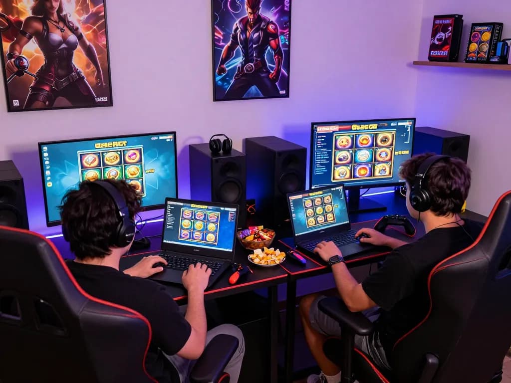 Pemain menikmati permainan slot gacor dalam pengaturan permainan di rumah yang ramai