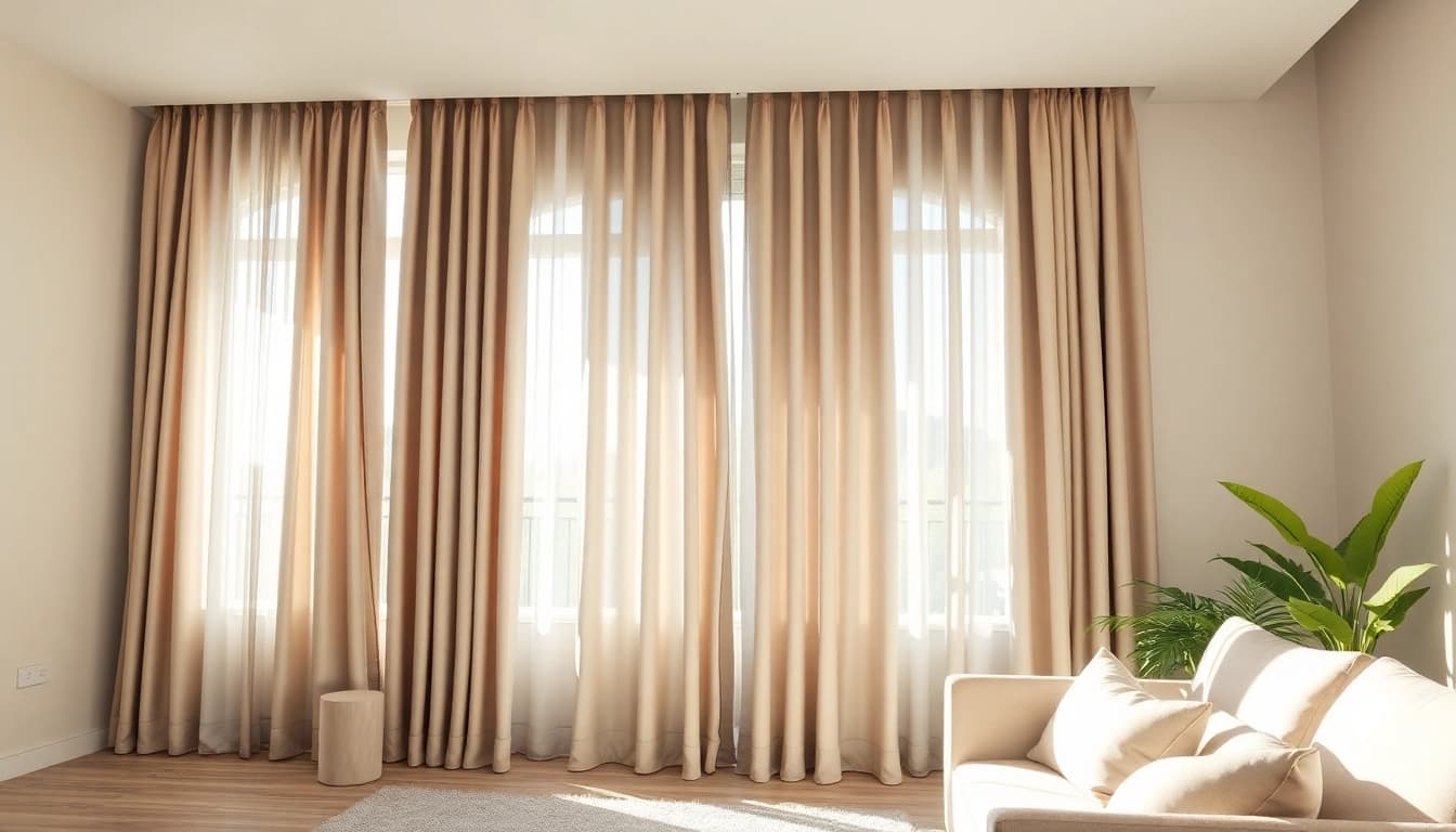 Verduisterende gordijnen creëren een stijlvolle sfeer in de woonkamer met moderne inrichting.