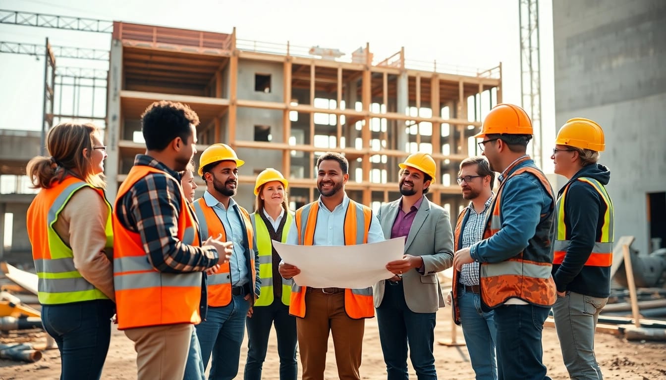 Advocates promoting construction advocacy in the Carolinas, collaborating on site plans amidst a construction project.