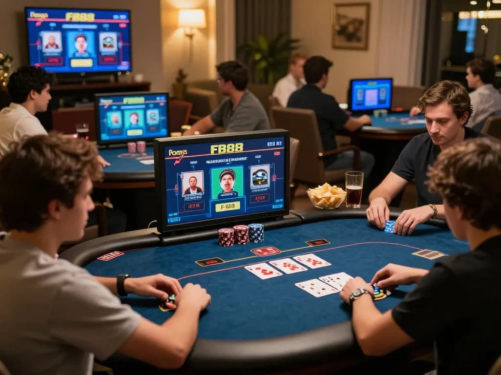 FB88 players strategizing in an engaging online poker game, showcasing a competitive gaming atmosphere.