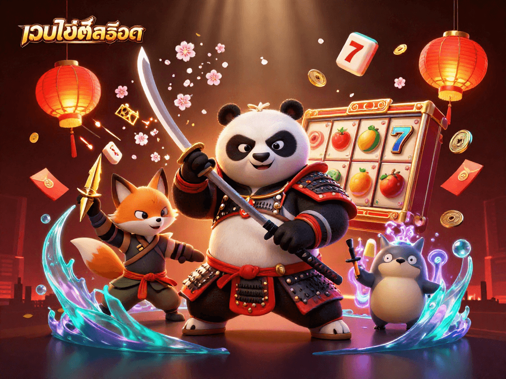 Experience the thrill of เว็บไซต์สล็อต with a dynamic scene featuring a panda warrior and ninja fox amidst vibrant casino elements.