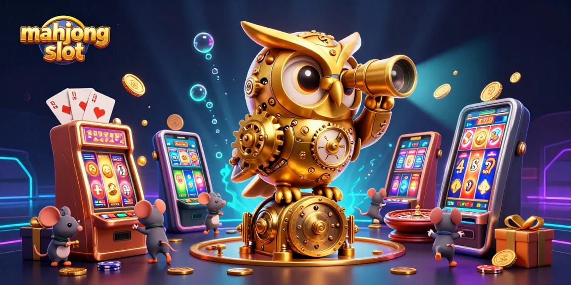 Engaging scene showcasing mahjong slot excitement with a clockwork owl in a vibrant casino.