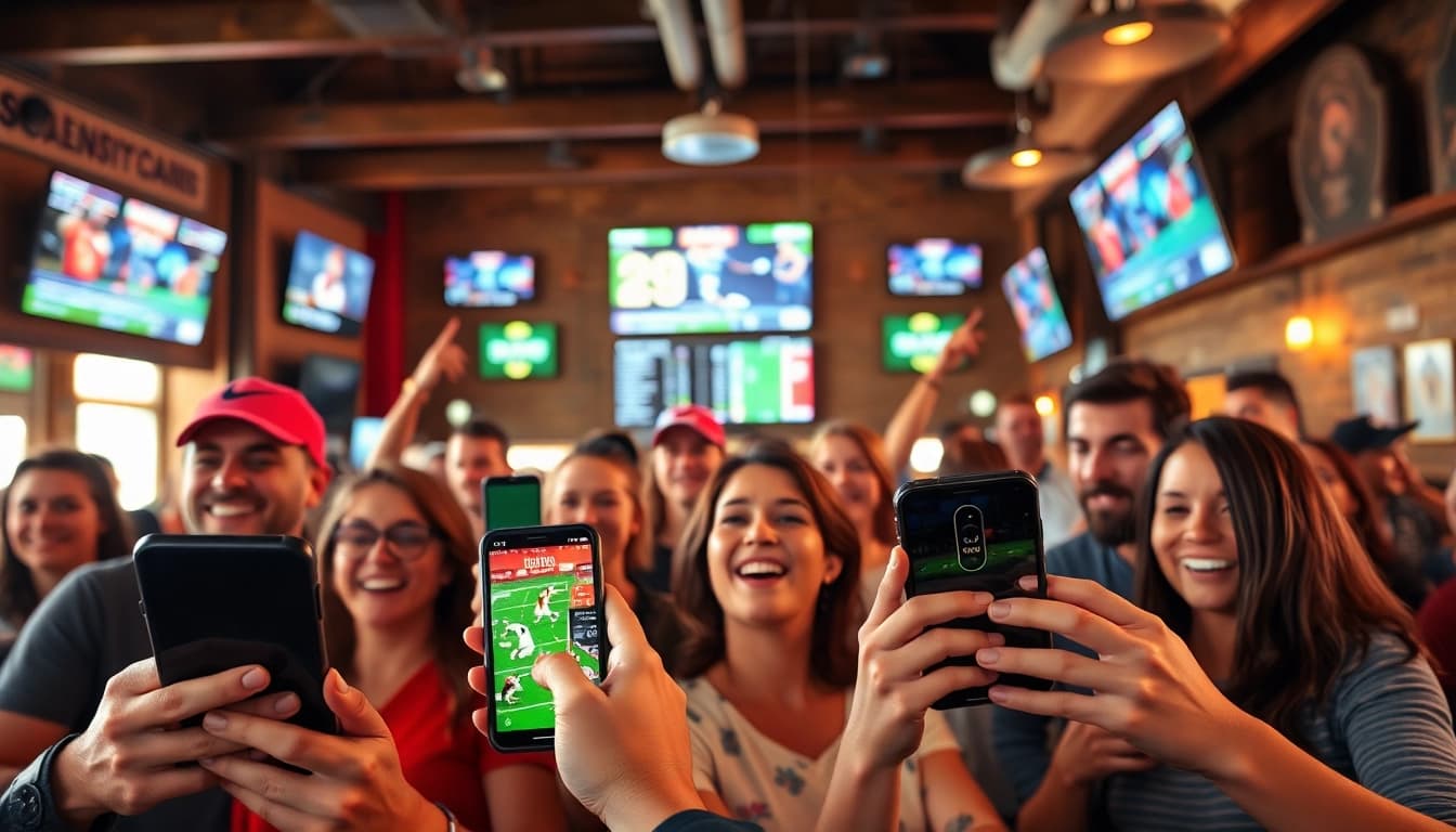 Engaged fans using sports betting sites Alabama apps while watching live sports events in a vibrant setting.