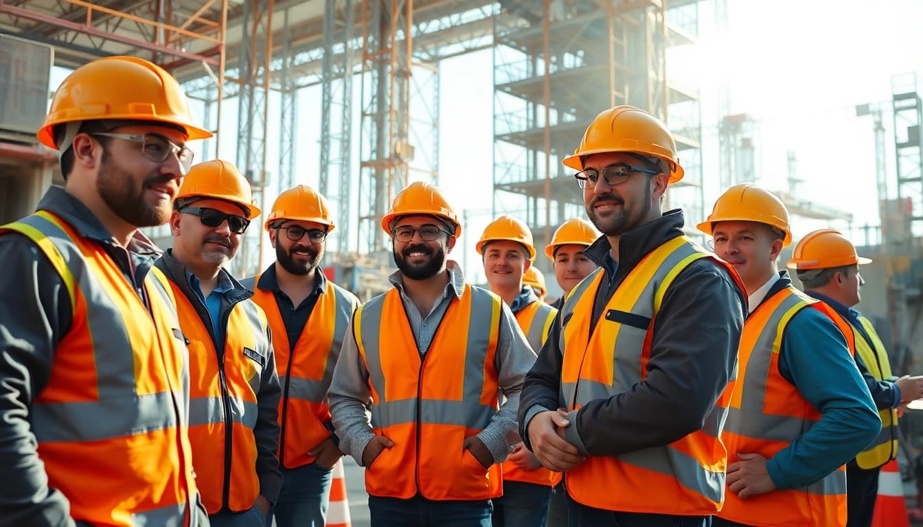 Promote construction site safety through professional workers in gear, collaborating on site.