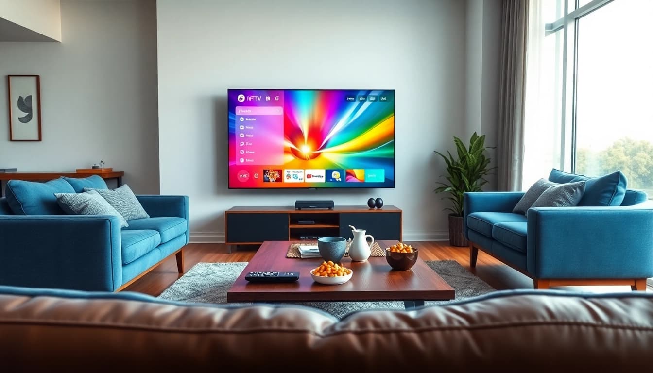 Explore a dynamic IPTV experience with a modern setup showcasing Suisse IPTV on a vibrant screen.