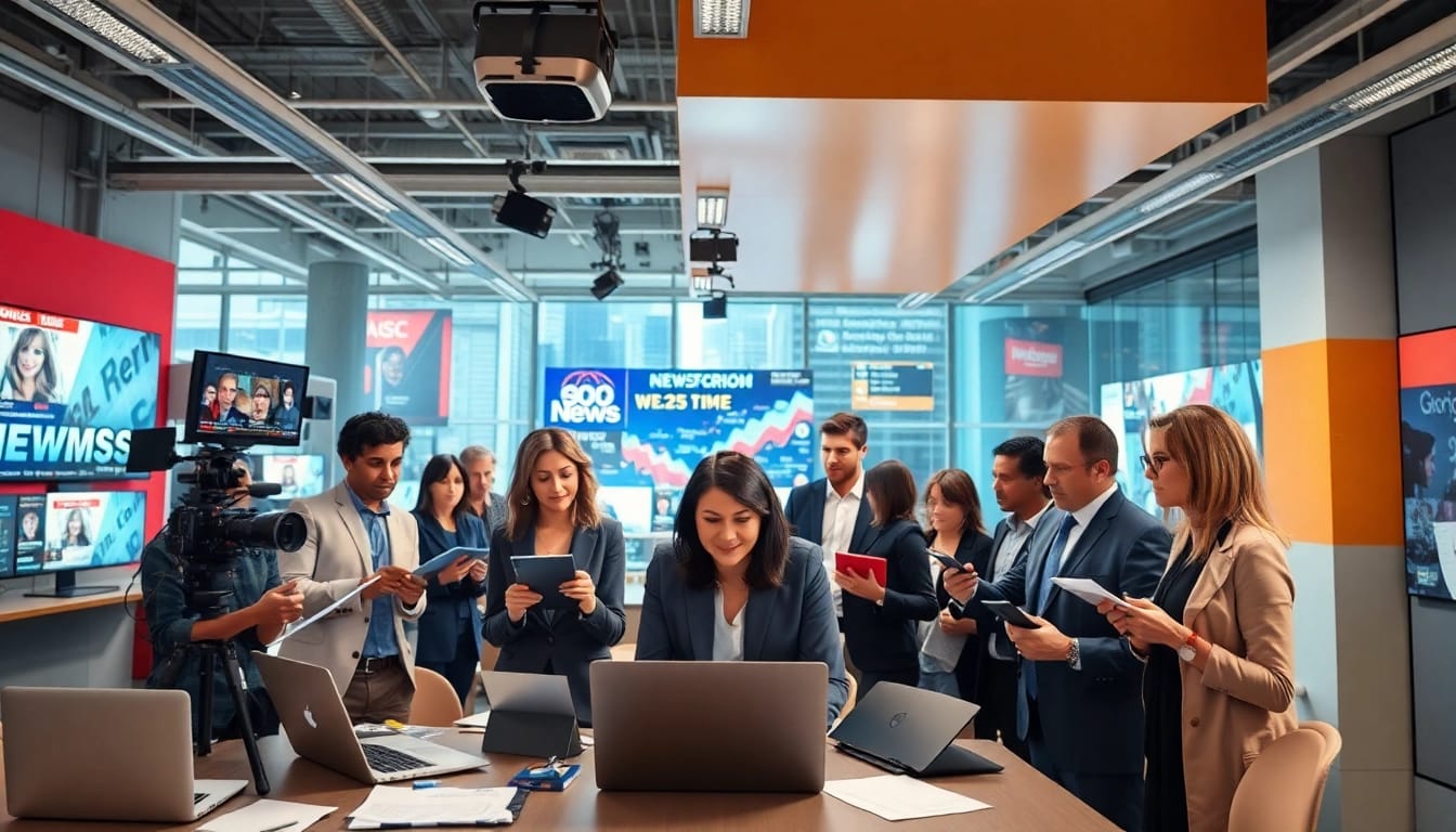 Journalists working dynamically on news stories in a vibrant newsroom.