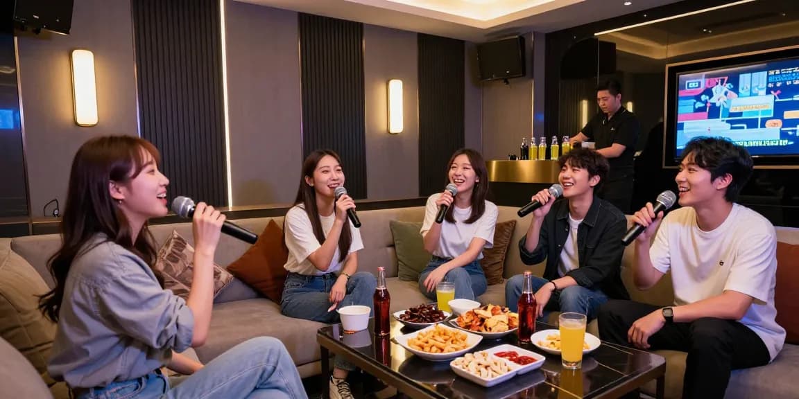 www.gugudanlounge.com/에서 즐거운 분위기 속 강남 프리미엄 가라오케를 경험하는 모습