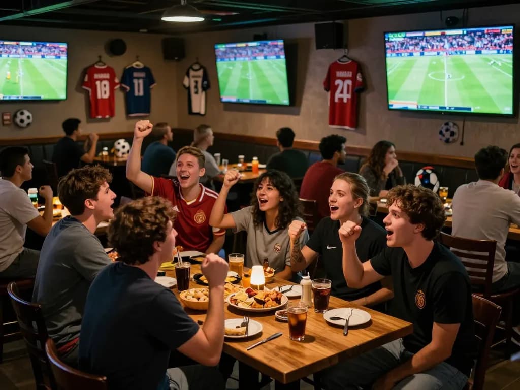 Fans enjoying a thrilling OKWIN TV bóng đá game at a lively sports bar while cheering passionately.