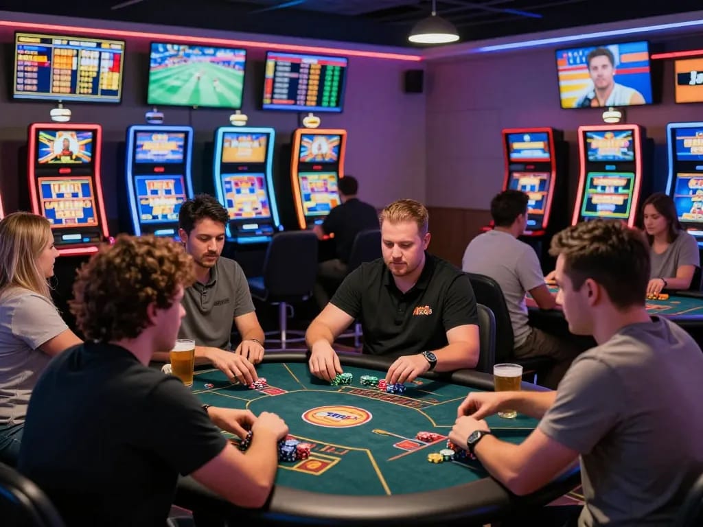 Diverse players enjoying various games at NK88 online casino, showcasing excitement in a modern lounge atmosphere.