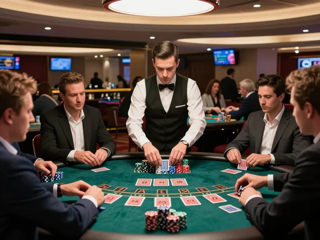 33CC players strategizing at a lively blackjack table, showcasing an engaging casino experience.