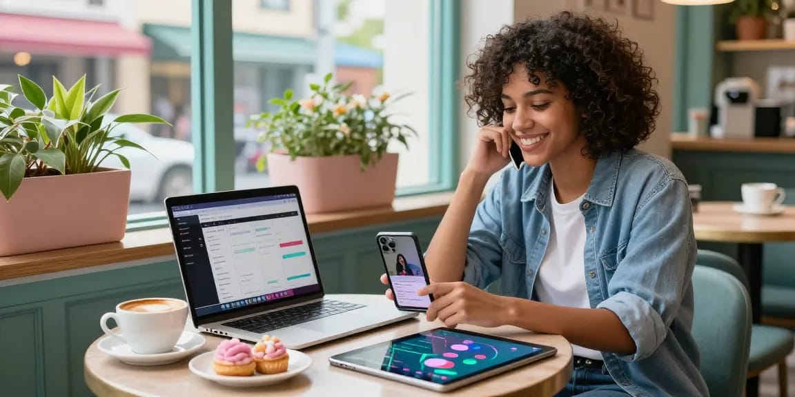 Engaging influencer strategy for echte follower kaufen tiktok amidst vibrant café setting, showcasing social media devices.