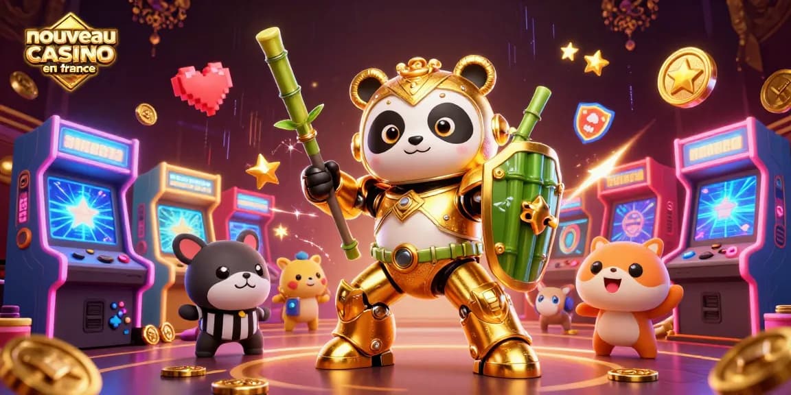 Découvrez le nouveau casino en ligne France avec un panda doré en armure, des robots et des jeux colorés.