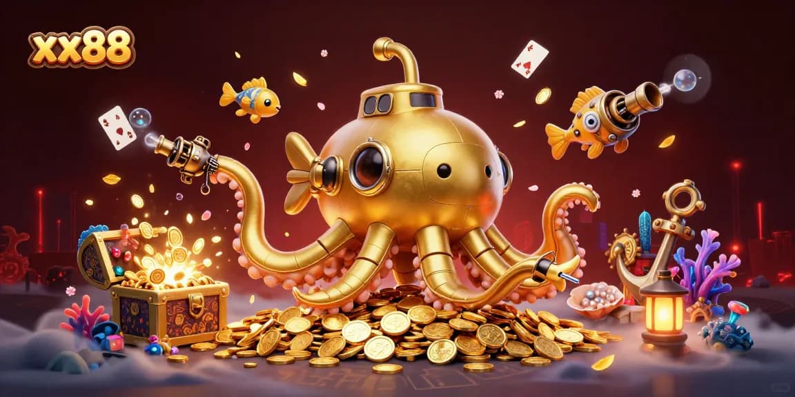 Experience the thrill of gaming at xx88 with a dynamic underwater scene featuring a golden kraken submarine.